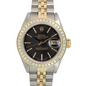 BOX & PAPER ROLEX DATEJUST 69173 BLACK TAPESTRY DIAL 18KY & STEEL JUBILEE WATCH